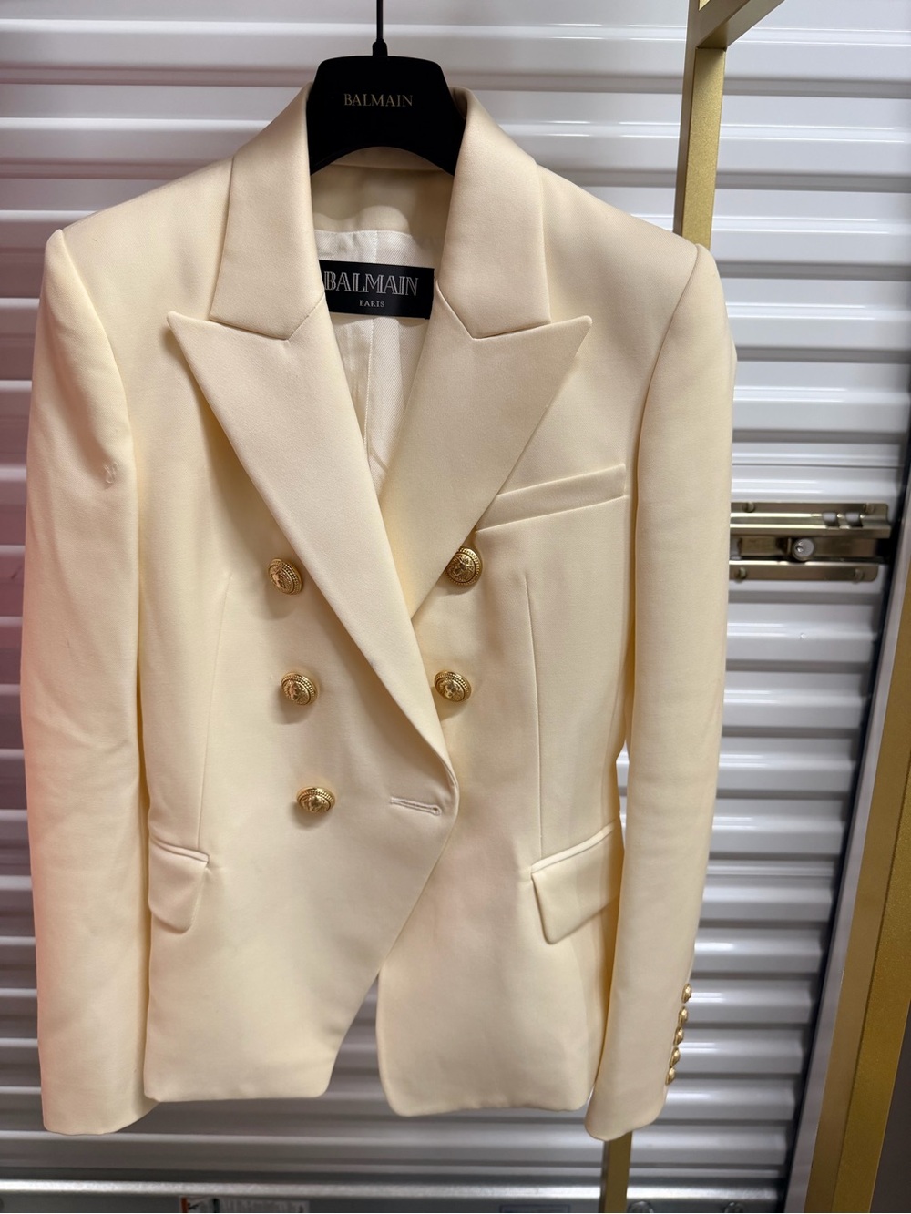 Balmain Ivory Double-Breasted Tailored Blazer with Gold Buttons
